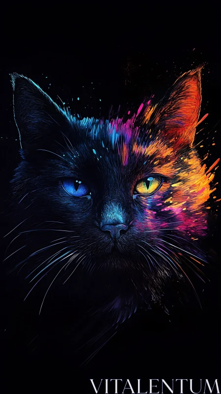 Black Cat Face with Neon Color Spectrum Eyes and Particle Effects