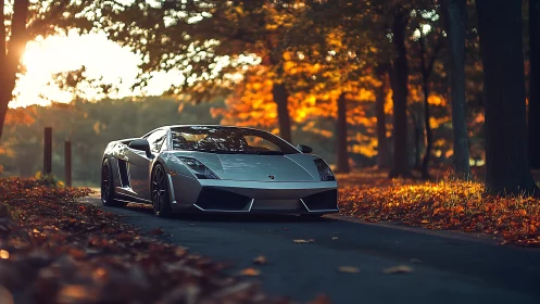 Silver supercar glides through a sunlit autumn forest lane