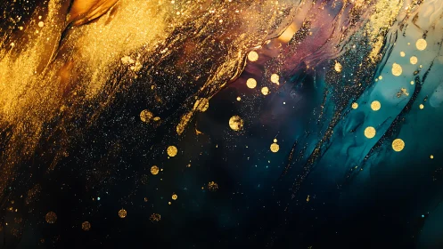 Abstract gold and blue fluid art with shimmering textures.