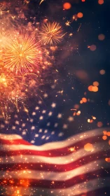 United States flag with bright fireworks at night sky scene.