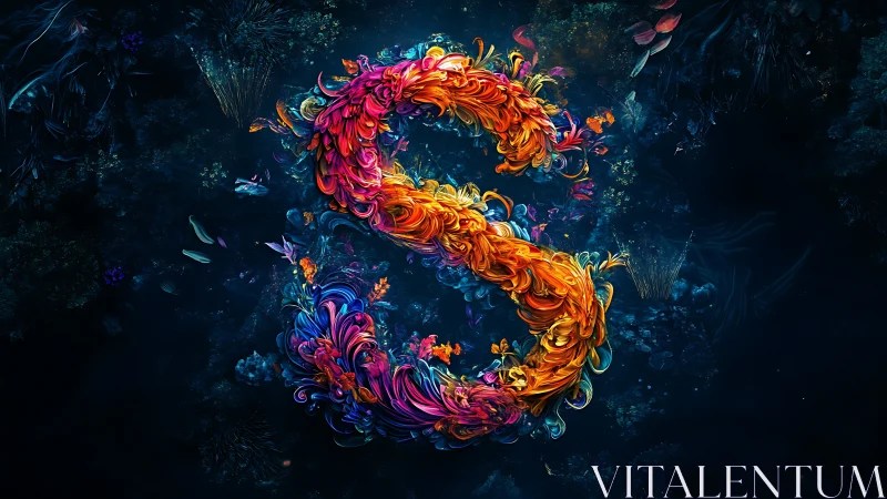 Floral luminance letter S in swirling neon color vortex