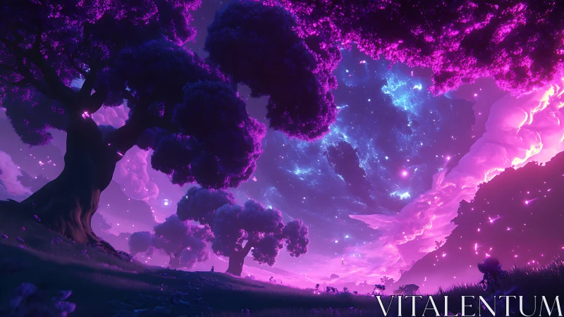 Celestial violet grove under luminous nebula skyscape.