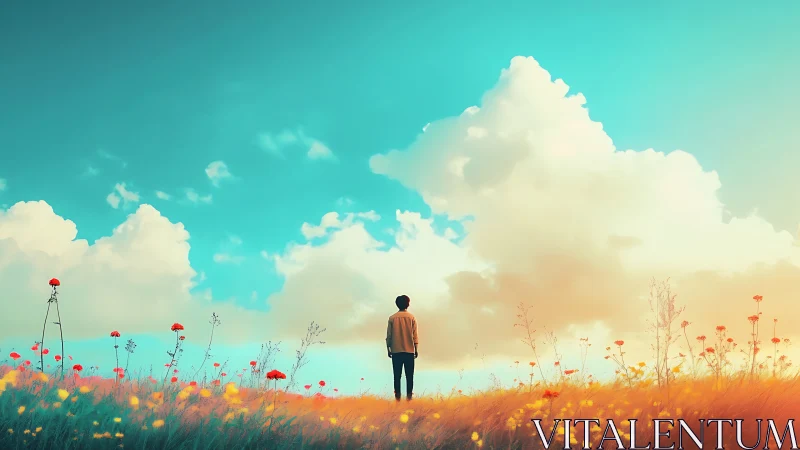 Solitary figure in flower field under expansive clouded sky.