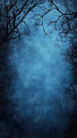 Nocturnal tree silhouettes framing misted cyan sky field