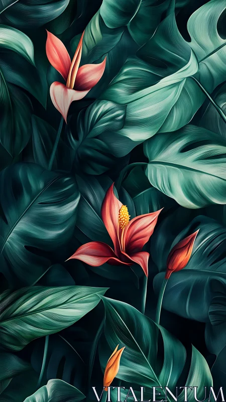 Digital rendering depicts tropical foliage with stylized flowers