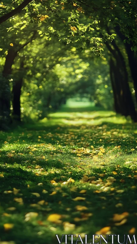 Sunlit Forest Corridor with Depth of Field.
