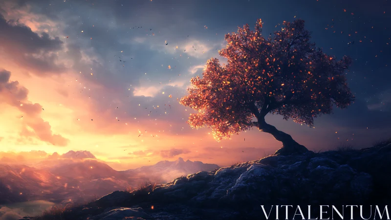 Lone glowing tree crowns twilight mountain ridge at sunset.