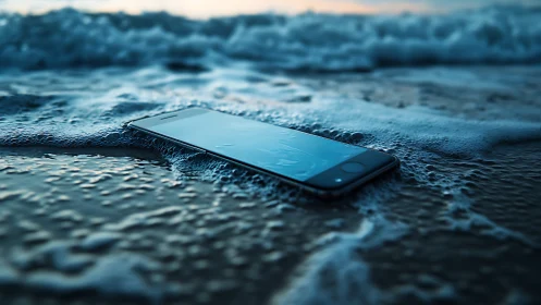 Smartphone submerged in surf under low-light seascape lighting