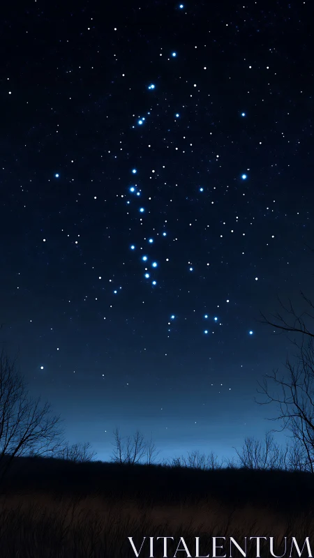 Digital night sky panorama with winter treeline silhouette.