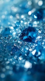Macro study of faceted blue crystalline fragments in bokeh field.