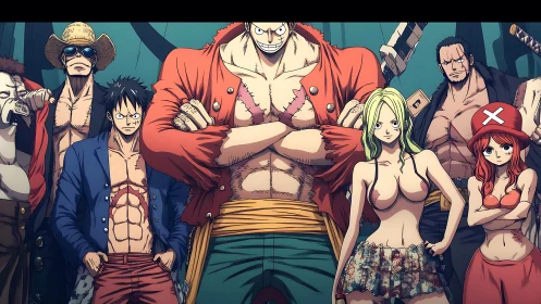 Anime pirate crew lineup with bold central captain focus.