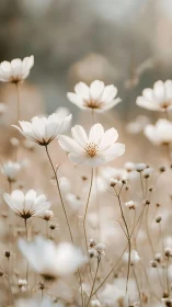 White Cosmos Flowers in Soft Focus Field Setting