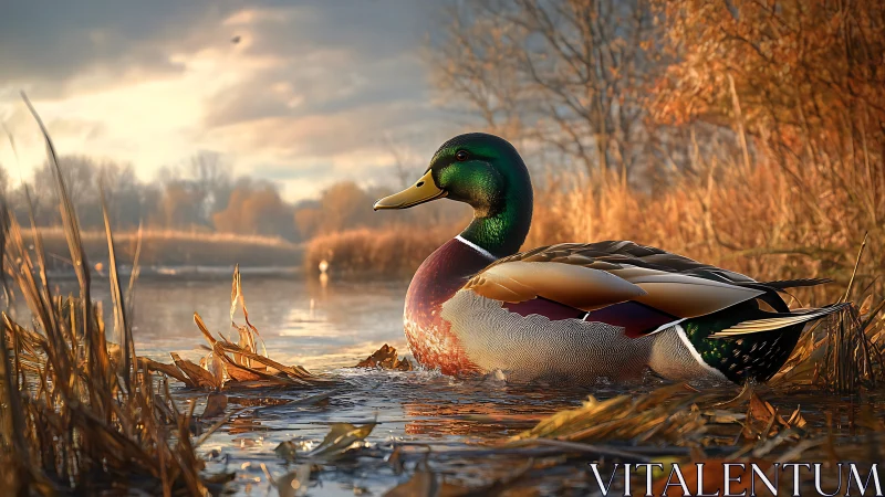 Mallard gliding through golden reeds at quiet autumn dusk.