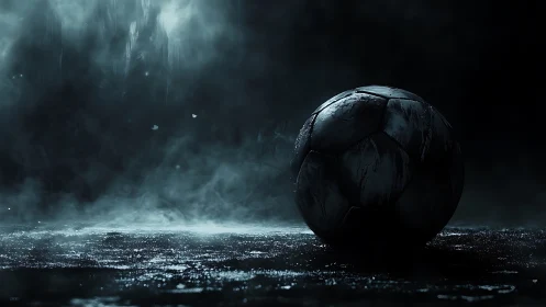 Wet soccer ball on dark reflective ground in low light.