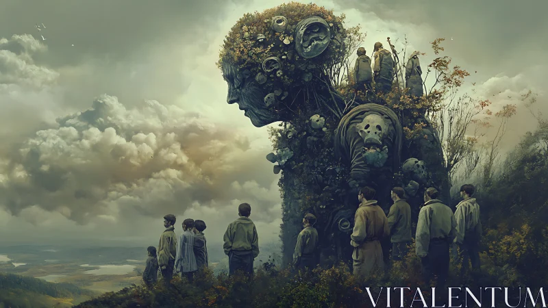 Surreal environmental colossus with contemplative human pilgrimage.