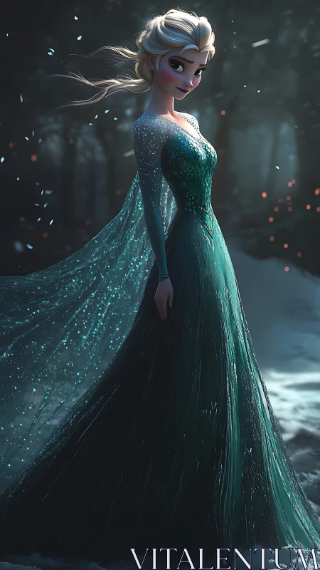 Stylized ice sorceress in volumetric-lit forest with glittering gown