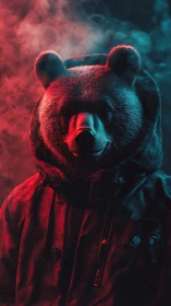 Urban night bear stands calm in bold red and blue light