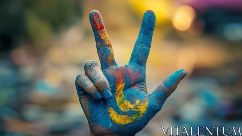 Hand with multicolored paint forming V sign outdoors.