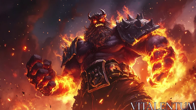 Inferno warlord strides from the blaze with molten fury.