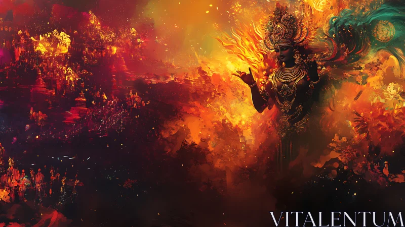 Fiery cosmic goddess amid blazing celestial cityscape.