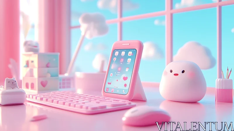 Pink Tech Workspace with Cute Characters.