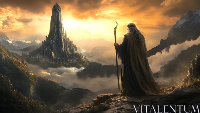 Wandering wizard gazes toward a distant sunlit tower.