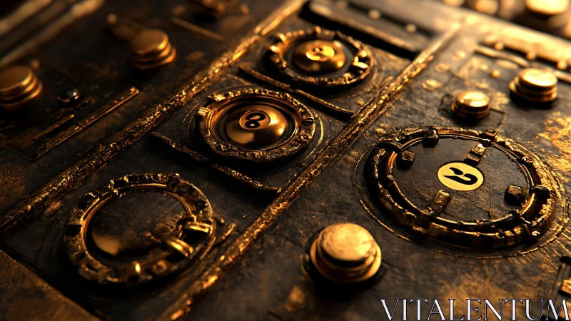 Bronze mechanical control panel with numbered dials.