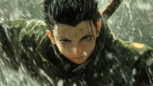 Determined anime warrior with sword in driving rain.