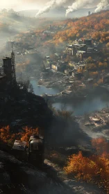 Post-industrial river valley shows foggy ruins in autumn haze