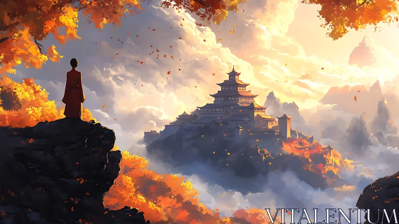 Monk surveys tiered mountain temple amid volumetric autumn light