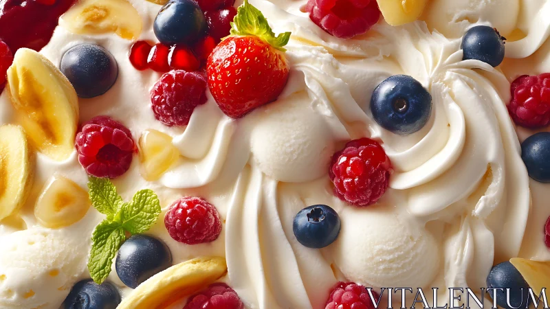 Mixed berry and banana dessert over whipped cream swirl.