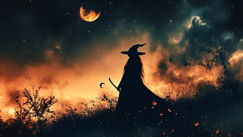 Silhouette of witch figure against burning sky at night.