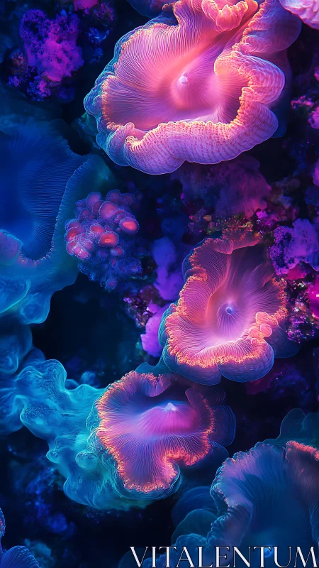 Glowing coral-like jelly forms float in neon underwater scene