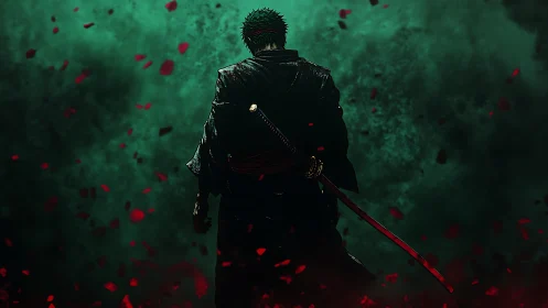 Lone katana wanderer amid emerald mist and falling crimson.