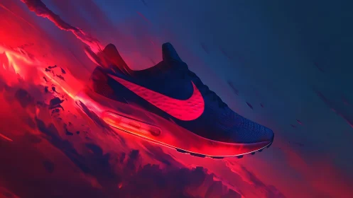 Neon-lit athletic running shoe in dynamic motion trail render