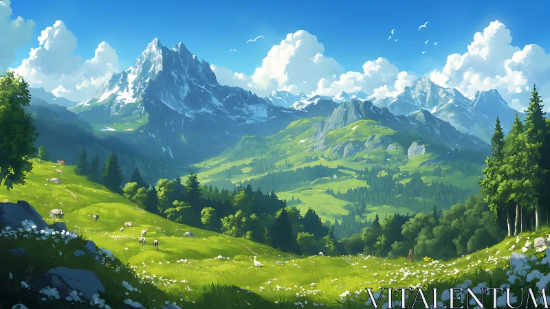 Sheep graze across bright alpine valley beneath snowy peaks