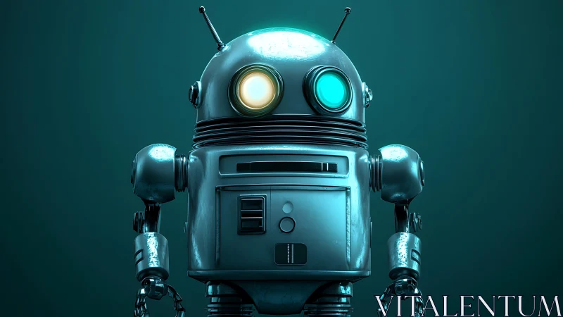 Retro teal service robot stands under moody studio light