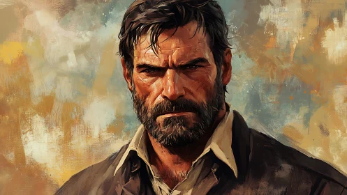 Middle-aged bearded man stares forward in painted portrait