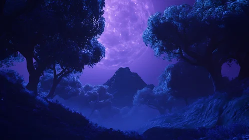 Moonrise over indigo forest paths and a dreaming peak.