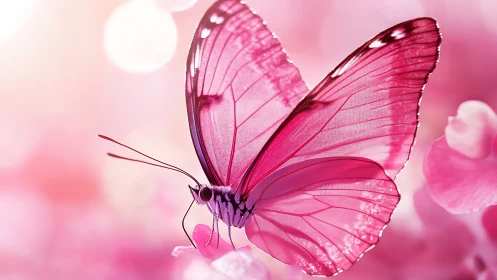 Pink butterfly macro over soft bokeh blossom field.