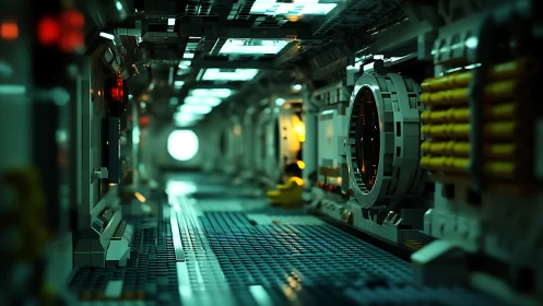 Lego sci fi corridor with illuminated hatch and panels.