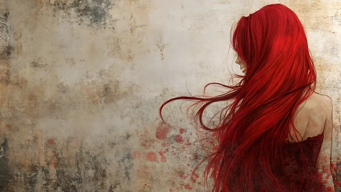 Crimson haired woman stands quietly against a weathered wall