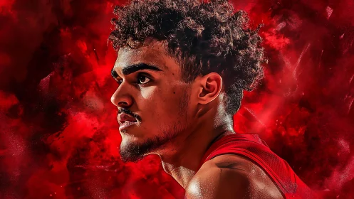 Intense basketball portrait glows against fiery red backdrop.