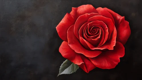 Red Rose with Green Leaf Against Dark Background