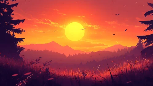 Sunset over conifer forest and distant mountain ranges.