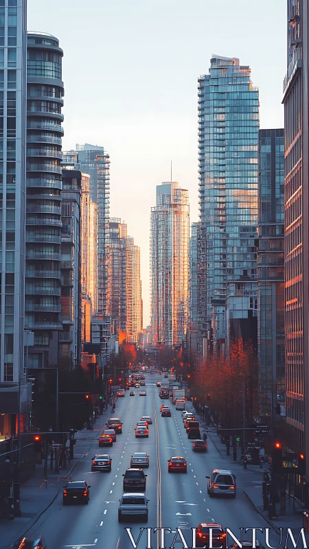 Sunlit glass towers over evening downtown traffic corridor.