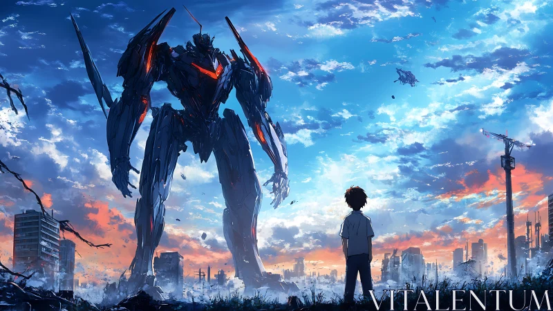 Mecha colossus confronting lone child in ruined skyline.