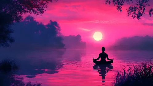 Serene lake yogi bathed in neon pink sunset stillness.