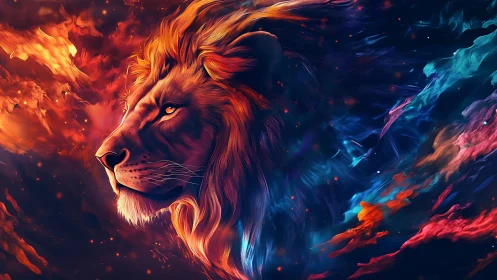 Majestic cosmic lion emerges through swirling neon nebula