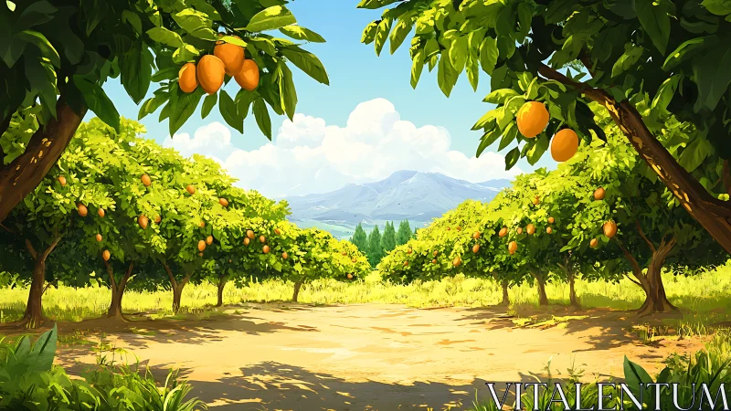 Sunlit orange grove arching toward distant sapphire mountains.